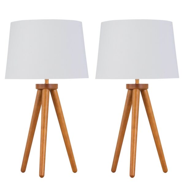 Set of 2 Dark Oak Table Lamp or Bedside Lights with White Gold Shades