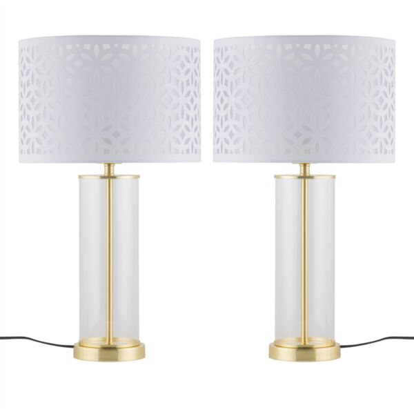 Set of 2 Aura - Satin Brass Lamps with White Cut Out Shades