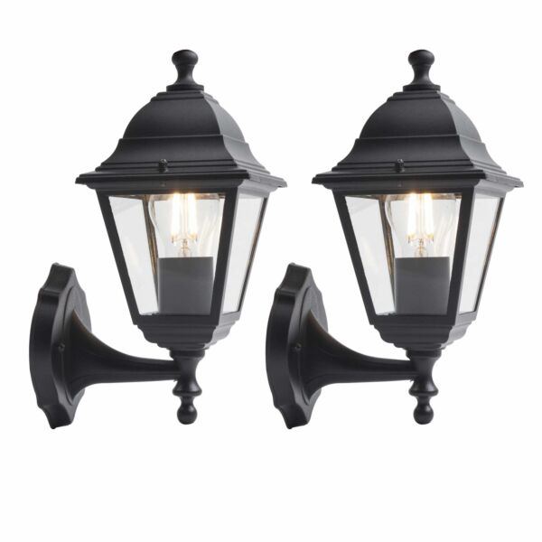 Set of 2 Cambridge - Black with Clear Glass Four Sided Lantern IP44 Outdoor Wall Lights