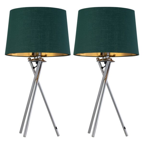 Set of 2 Tripod - Chrome Lamps with Green & Gold Fabric Shade