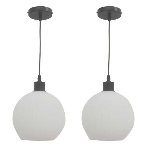 Set of 2 Betchley - White Ribbed Glass Globe with Black Pendant Fittings