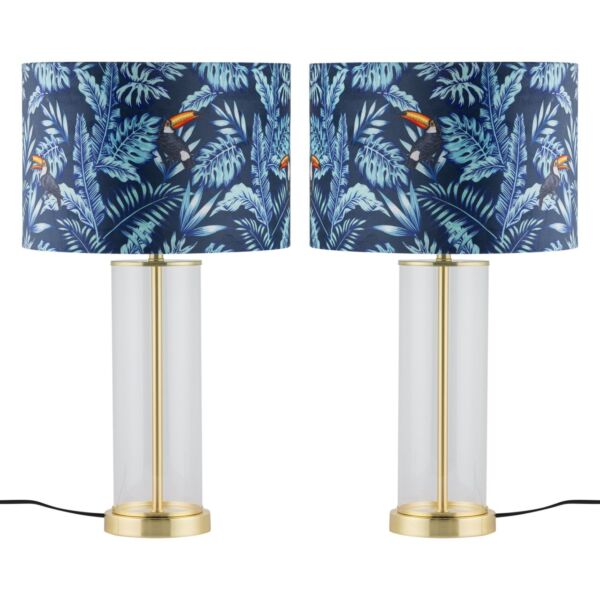 Set of 2 Aura - Satin Brass Lamps with Toucan Velvet Shades