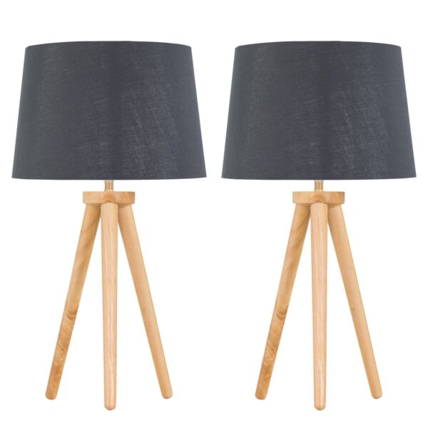 Set of 2 Light Oak Table Lamp or Bedside Lights with Grey Silver Shade
