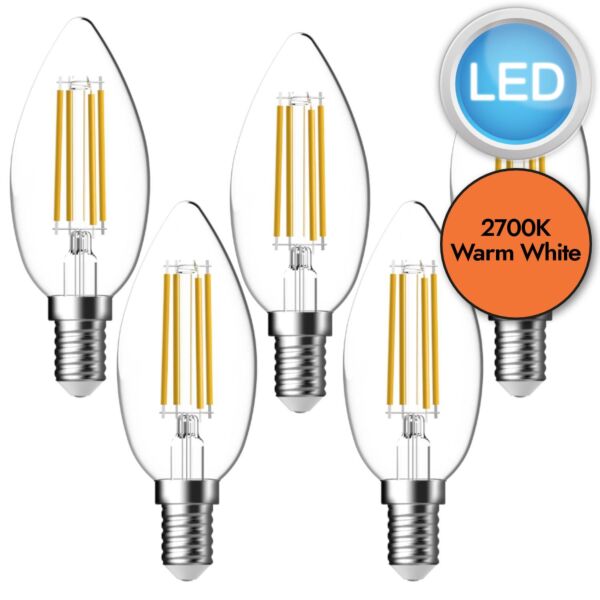 5 x 4.2W LED E14 Candle Filament Dimmable Light Bulbs - Warm White