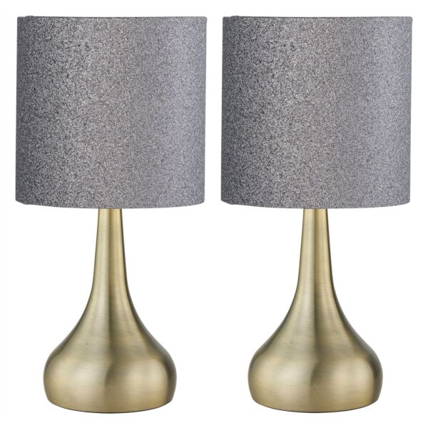 Set of 2 Romana - Antique Brass Touch Operated Table Lamps Bedside Lights Glitter Shade