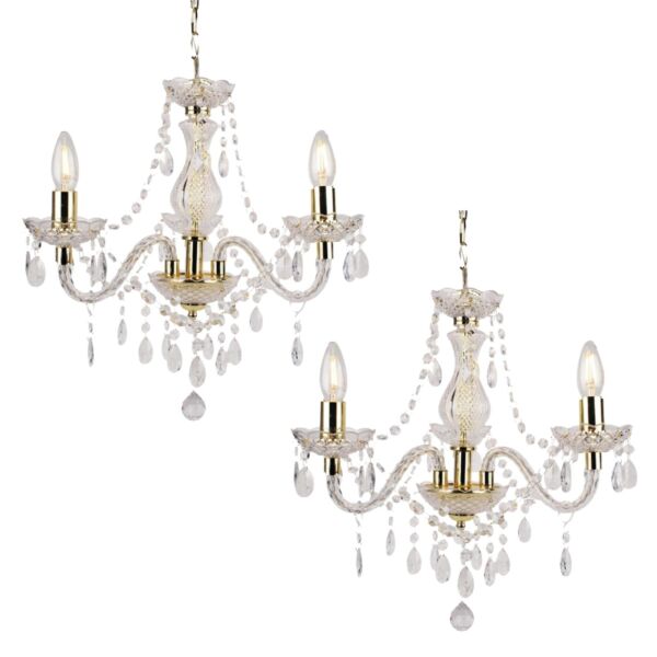 Set of 2 Clear and Gold Marie Therese Style 3 x 40W Chandelier