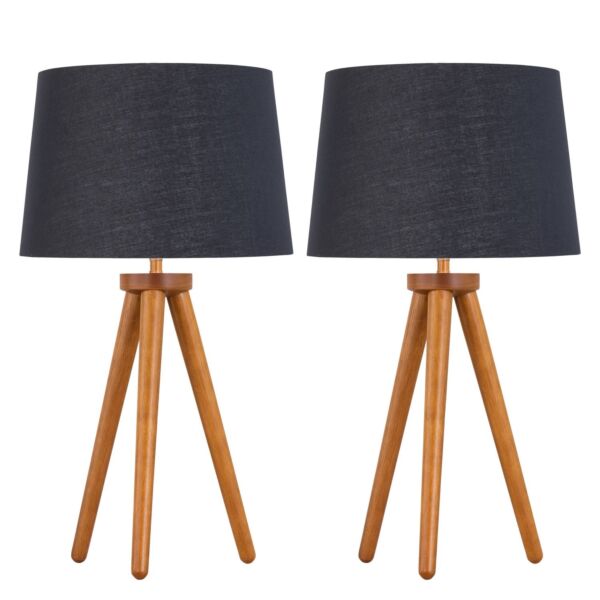 Set of 2 Dark Oak Table Lamp or Bedside Lights with Black Gold Shades