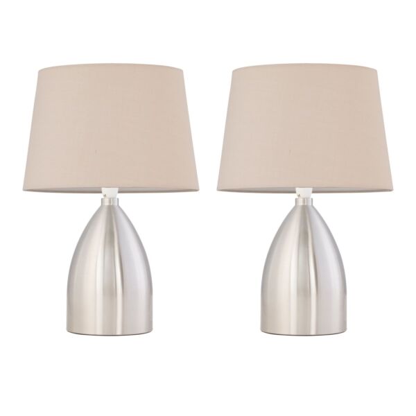 Set of 2 Valentina - Brushed Chrome Touch Lamps with Natural Cotton Shades