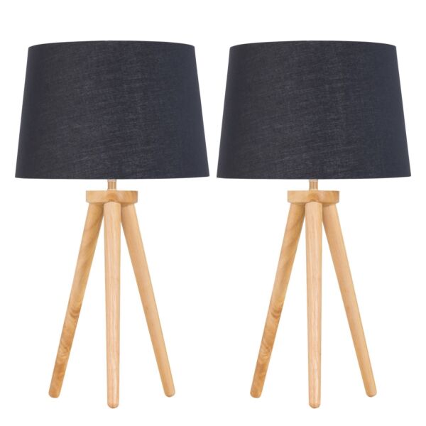 Set of 2 Light Oak Table Lamp or Bedside Lights with Black Gold Shades