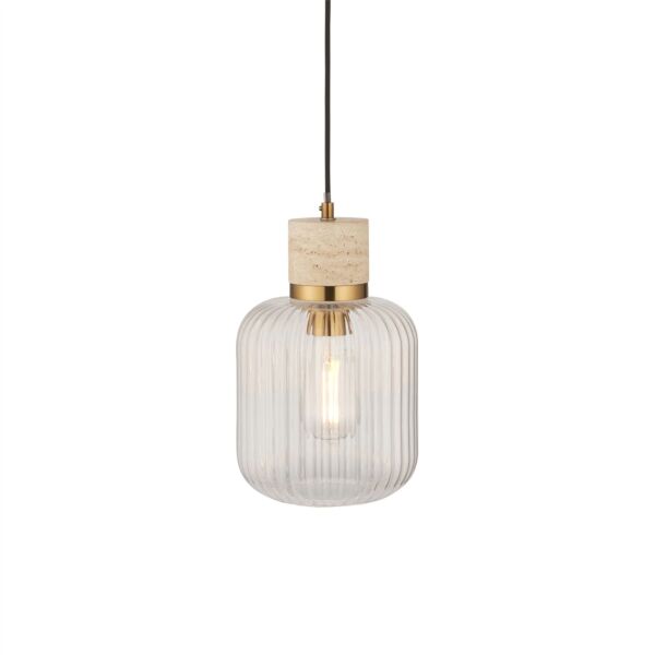 Endon Lighting - Travi - 120664 - Vintage Brass Travertine Stone Clear Ribbed Glass Ceiling Pendant Light