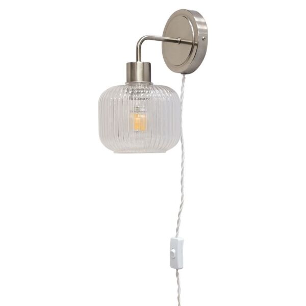Toby - Satin Nickel Plug in Wall Light with Batley Ribbed Glass Shade