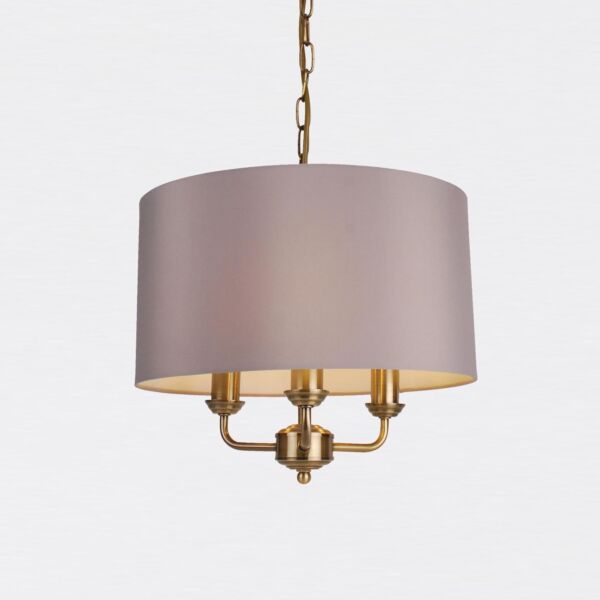 3 Light Antique Brass Pendant Chandelier with Grey Fabric Shade