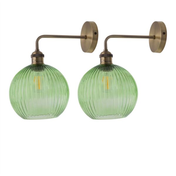 Set of 2 Isaac - Antique Brass Wall Lights with Green Ribbed Shades