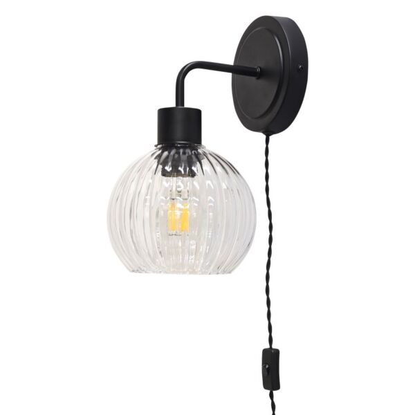 Toby - Black Plug in Wall Light with Betchley Clear Ribbed Shade