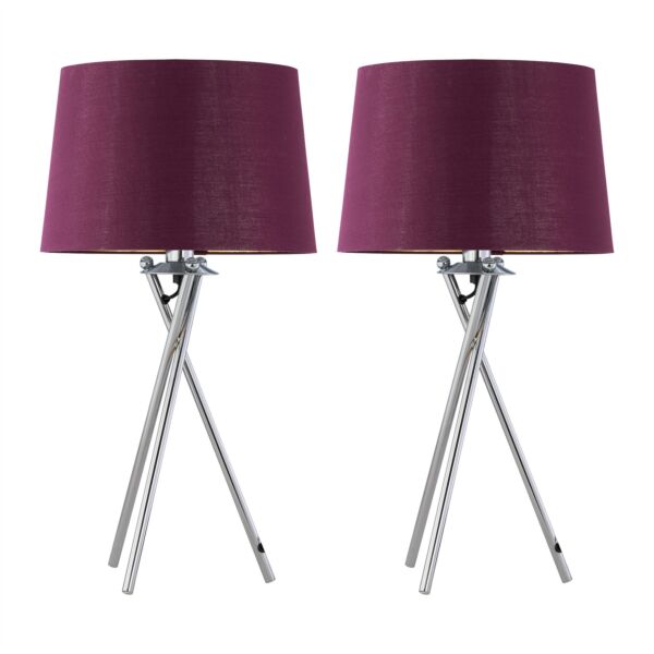 Set of 2 Tripod - Chrome Lamp with Burgundy & Gold Fabric Shades