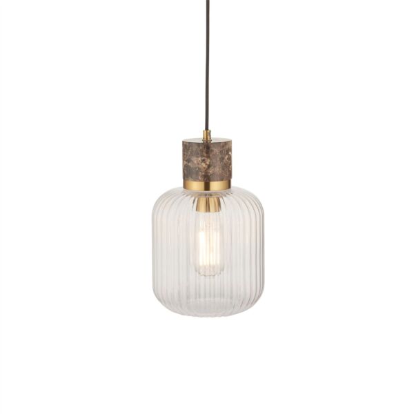 Endon Lighting - Travi - 120665 - Vintage Brass Brown Marble Clear Ribbed Glass Ceiling Pendant Light