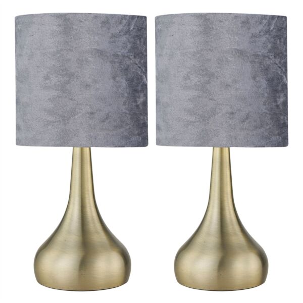 Set of 2 Romana - Antique Brass Touch Operated Table Lamps Bedside Lights Grey Crushed Velvet Shade