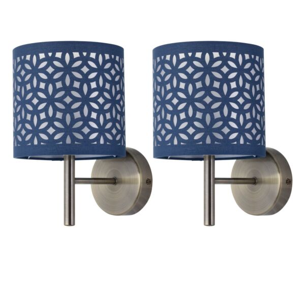 Set of 2 Brea - Antique Brass Wall Lights with Navy Blue Cut Out Shade