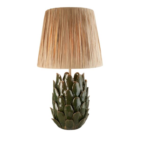 Endon Lighting - Layered Leaf & Raffia 32cm - 116444 - Olive Green Aged Brass Natural Raffia Ceramic Table Lamp With Shade