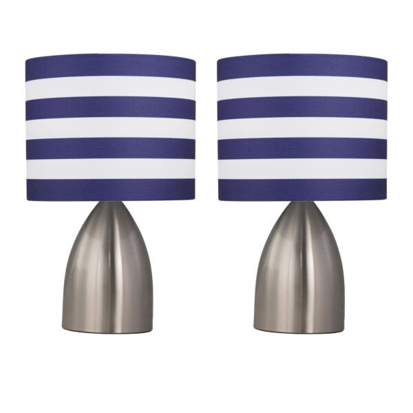 Set of 2 Valentina - Brushed Chrome Touch Lamps with White & Blue Striped Shades