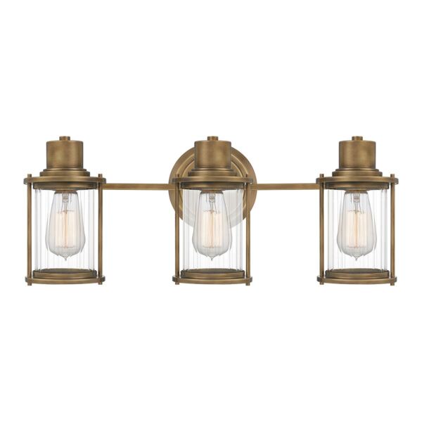 Quoizel Lighting - Riggs - QZ-RIGGS3-BATH-WS - Brass Clear Ribbed Glass 3 Light IP44 Bathroom Wall Light