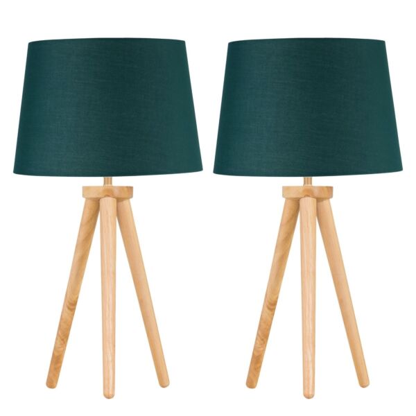 Set of 2 Light Oak Table Lamp or Bedside Lights with Dark Green Shades