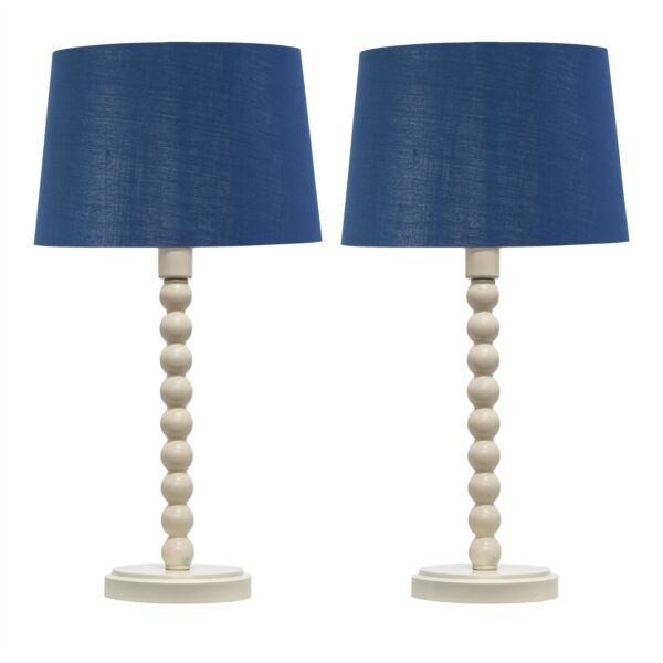 Set of 2 Bobbin - Ivory Lamps with Navy & Silver Shades