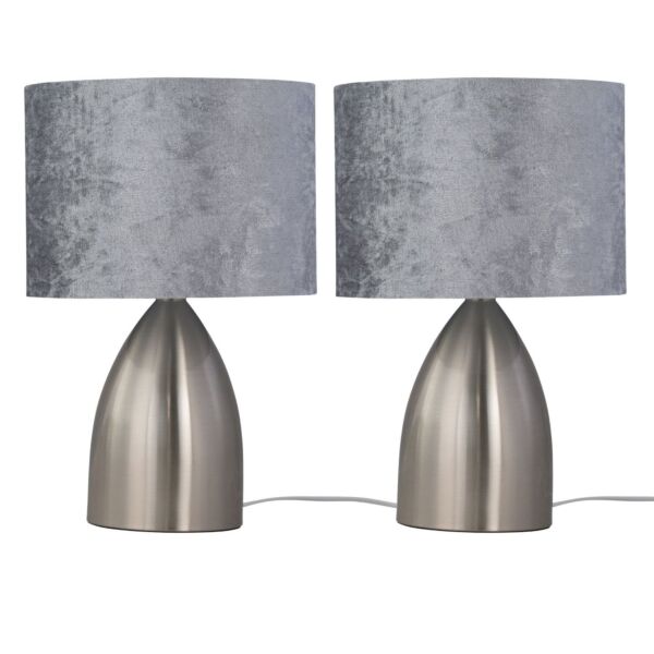 Set of 2 Valentina - Brushed Chrome Touch Lamps with Grey Crushed Velvet Shades