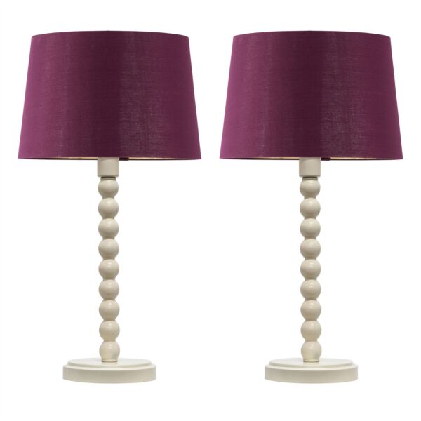 Set of 2 Bobbin - Ivory Lamps with Burgundy & Gold Shades