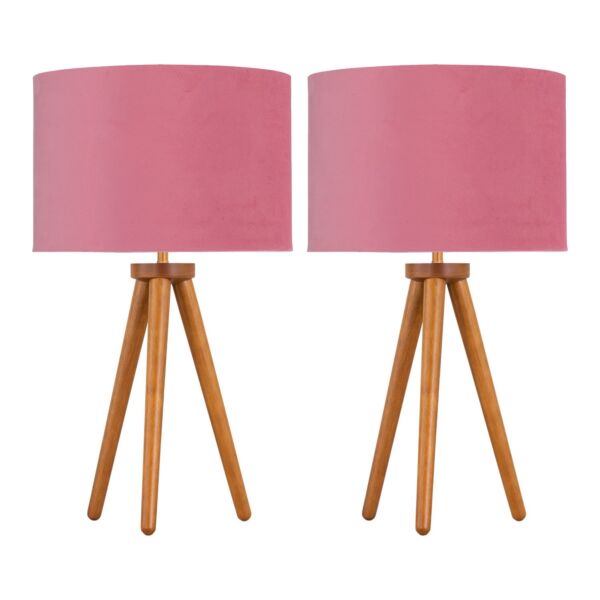 Set of 2 Dark Oak Table Lamp or Bedside Lights with Flamingo Shades