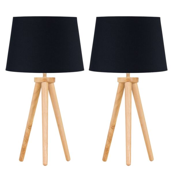 Set of 2 Light Oak Table Lamp or Bedside Lights with Black Shades