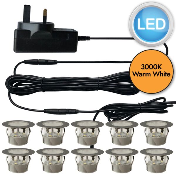 Set of 10 - 45mm Stainless Steel IP67 Warm White LED Plinth Decking Kit