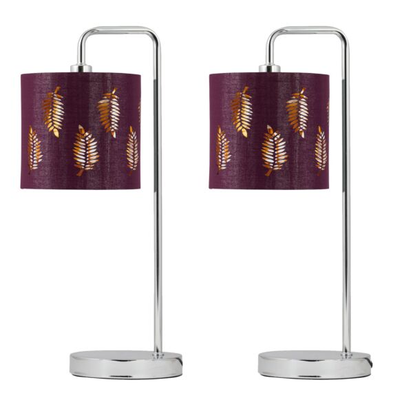 Set of 2 Chrome Arched Table Lamps with Burgundy Fern Cut Out Shades
