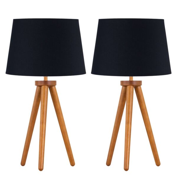 Set of 2 Dark Oak Table Lamp or Bedside Lights with Black Shades