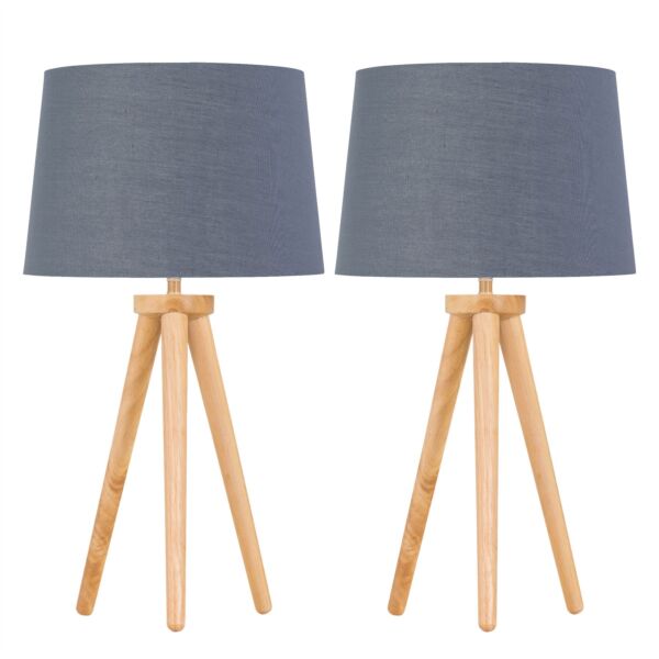 Set of 2 Light Oak Table Lamp or Bedside Lights with Grey Gold Shades