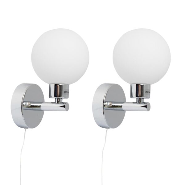 Pair of Polished Chrome IP44 Bathroom Globe Wall Light With Pull Cord Switch