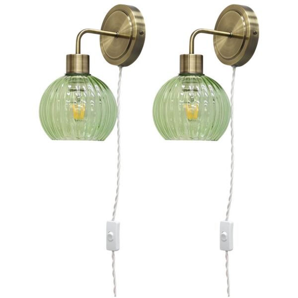 Set of 2 Toby - Antique Brass Plug in Wall Lights Green Globe Shades