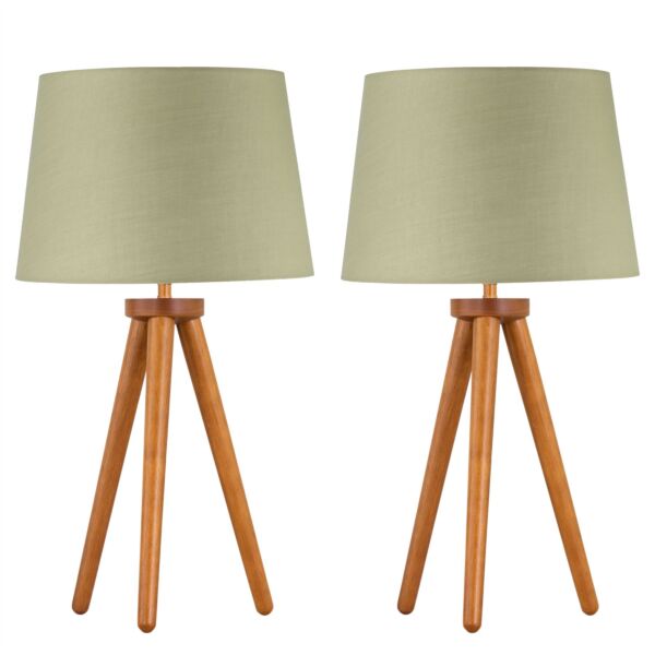 Set of 2 Dark Oak Table Lamp or Bedside Lights with Sage Green Shades