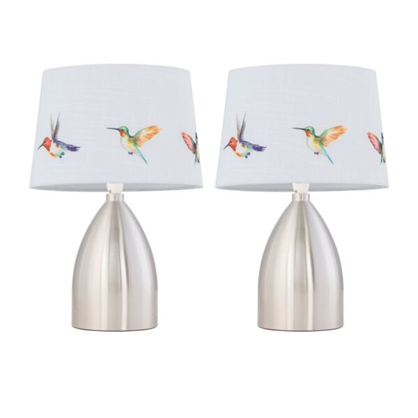 Set of 2 Valentina - Brushed Chrome Touch Lamps with Bird Print Shades