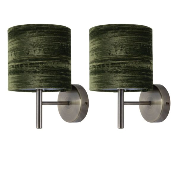 Set of 2 Brea - Antique Brass Wall Lights with Green Velvet Shades