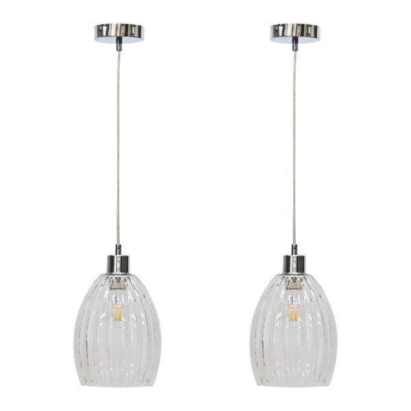 Set of 2 Birch - Clear Fluted Glass with Chrome Pendant Fittings