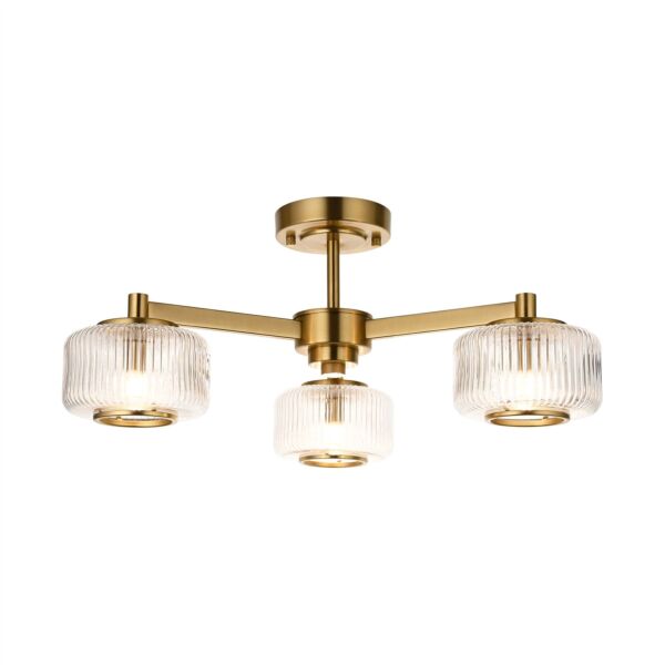 Endon Lighting - Stamford - 120634 - Aged Brass Clear Ribbed Glass 3 Light Flush Ceiling Light