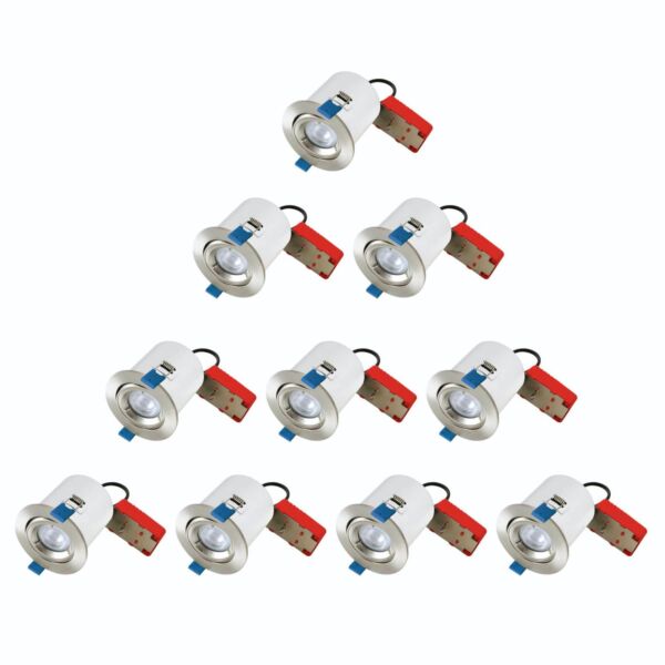 Set of 10 - Satin Chrome Fire Rated Tilt Recessed Ceiling Downlights with Warm White LED Bulbs