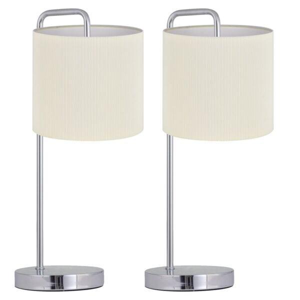 Set of 2 Chrome Arched Table Lamp with White Micropleat Shade