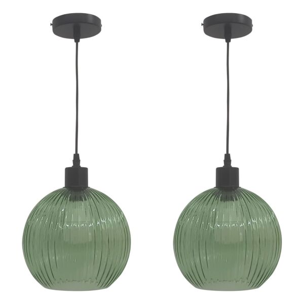 Set of 2 Betchley - Green Ribbed Glass Globe with Black Pendant Fittings