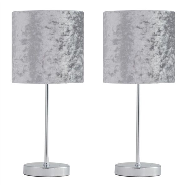 Set of 2 Chrome Stick Table Lamps with Grey Crushed Velvet Shades