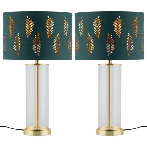 Set of 2 Aura - Satin Brass Lamps with Green Fern Cut Out Shades