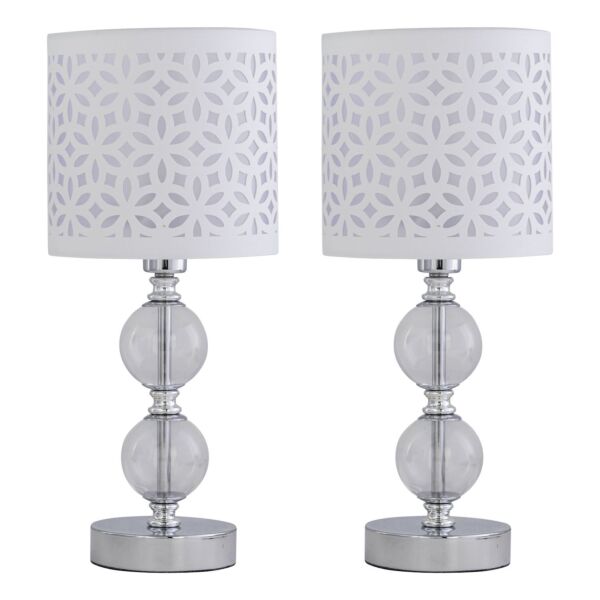Set of 2 Chrome Two Ball Table Lamps with White Cut Out Shades