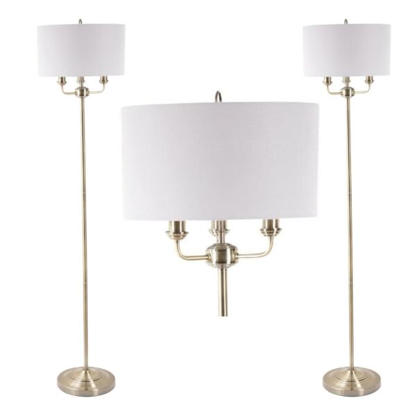 Pair of 3 Light Antique Brass Floor Standard Light with Grey Fabric Shade
