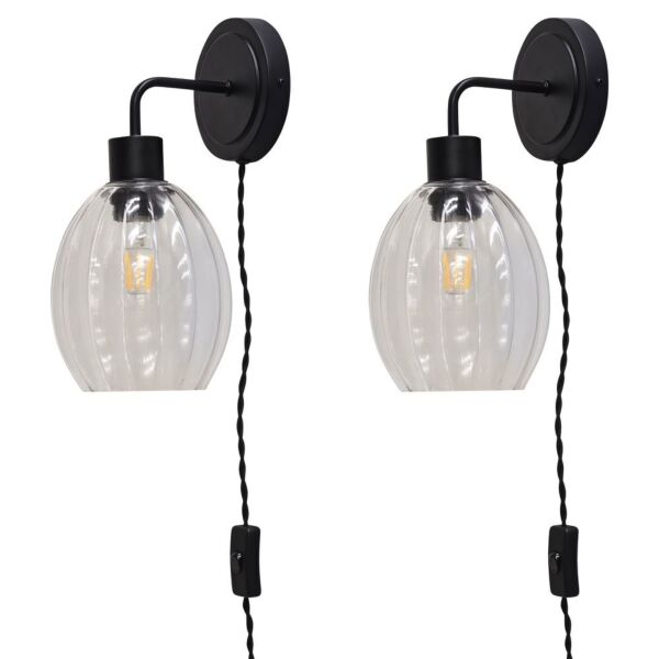 Set of 2 Toby - Black Plug in Wall Lights Fluted Glass Shades